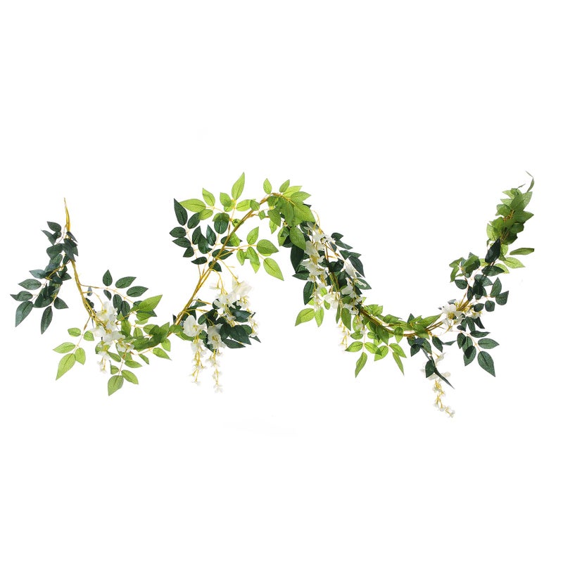 UUPP 2Pcs 6.6Ft Artificial Flowers Vines Silk Wisteria Artificial Garlands Fake Hanging Green Leaf Flower Ivy Vines for Home Garden Wedding Arch Decor, White - Image 1
